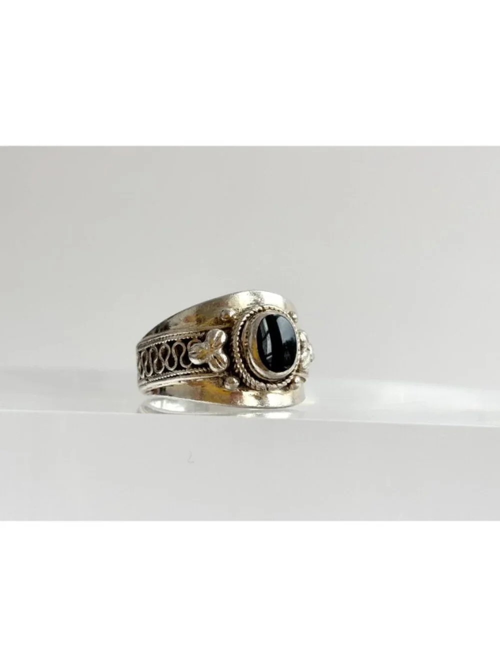 Thai Made Made Black Onyx Rope Chunky Sterling Silver 925 Vintage Ring - sz 6